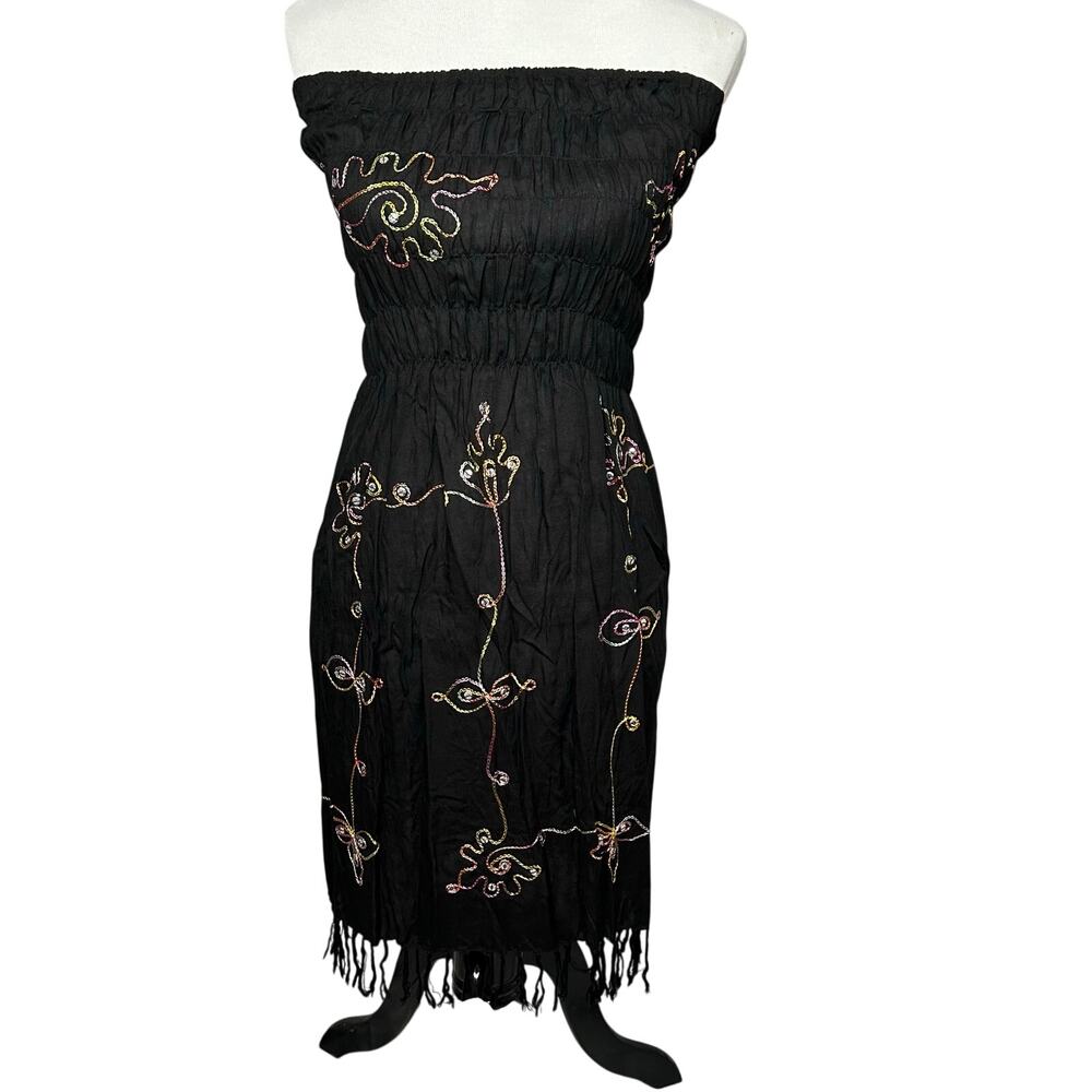 Gecko Batik Dress Strapless Women One Sz Black Midi Sequin Beachy Boho Hippie